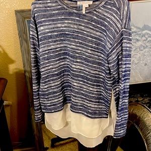 BCBGeneration denim blue&cream striped lightweight sweater w decor sheer fabric.